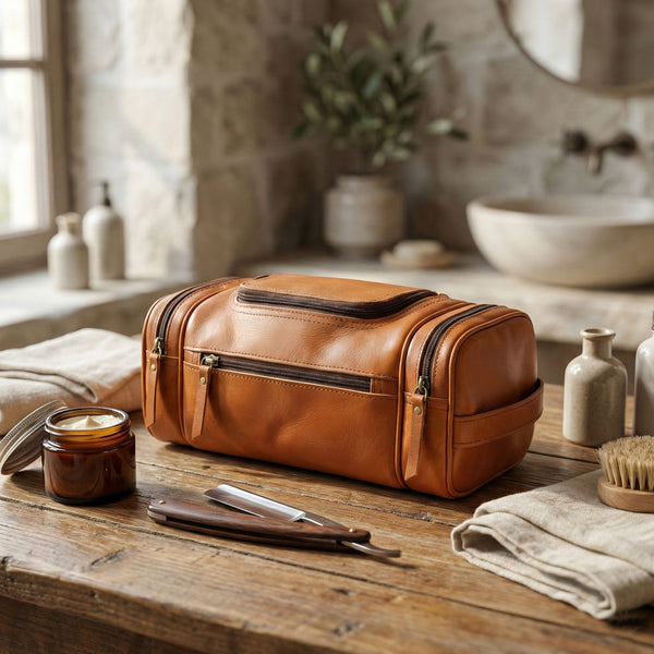 Load image into Gallery viewer, Saddle Tan Buffalo Leather Toiletry Bag