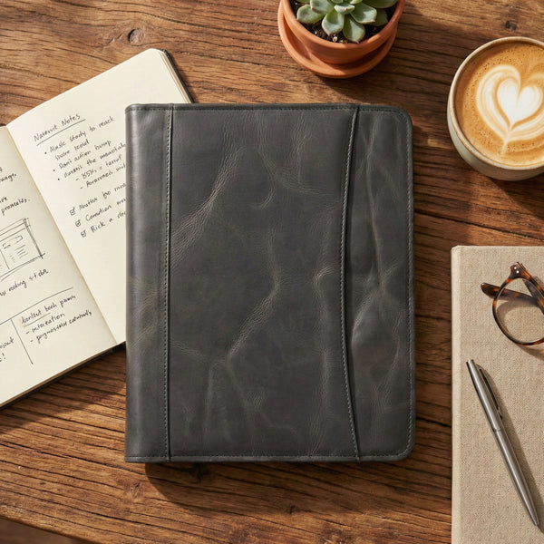 Load image into Gallery viewer, Emerson Signature Black Leather Zippered Padfolio