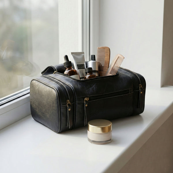 Load image into Gallery viewer, Black Buffalo Leather Toiletry Bag
